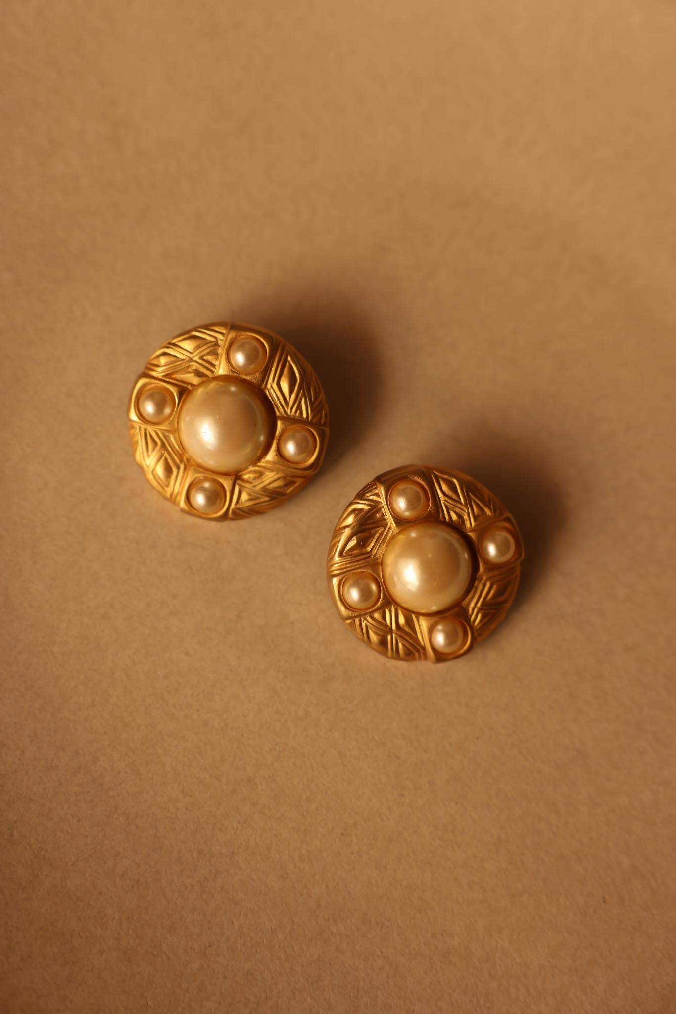 Matte Gold Clip-On Earrings with Faux Pearls|Vintage Baazaar 