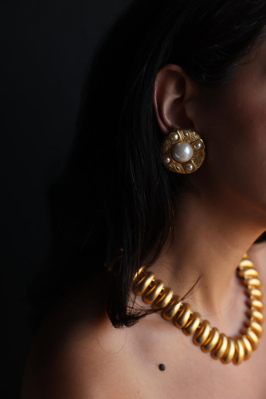 Matte Gold Clip-On Earrings with Faux Pearls|Vintage Baazaar 