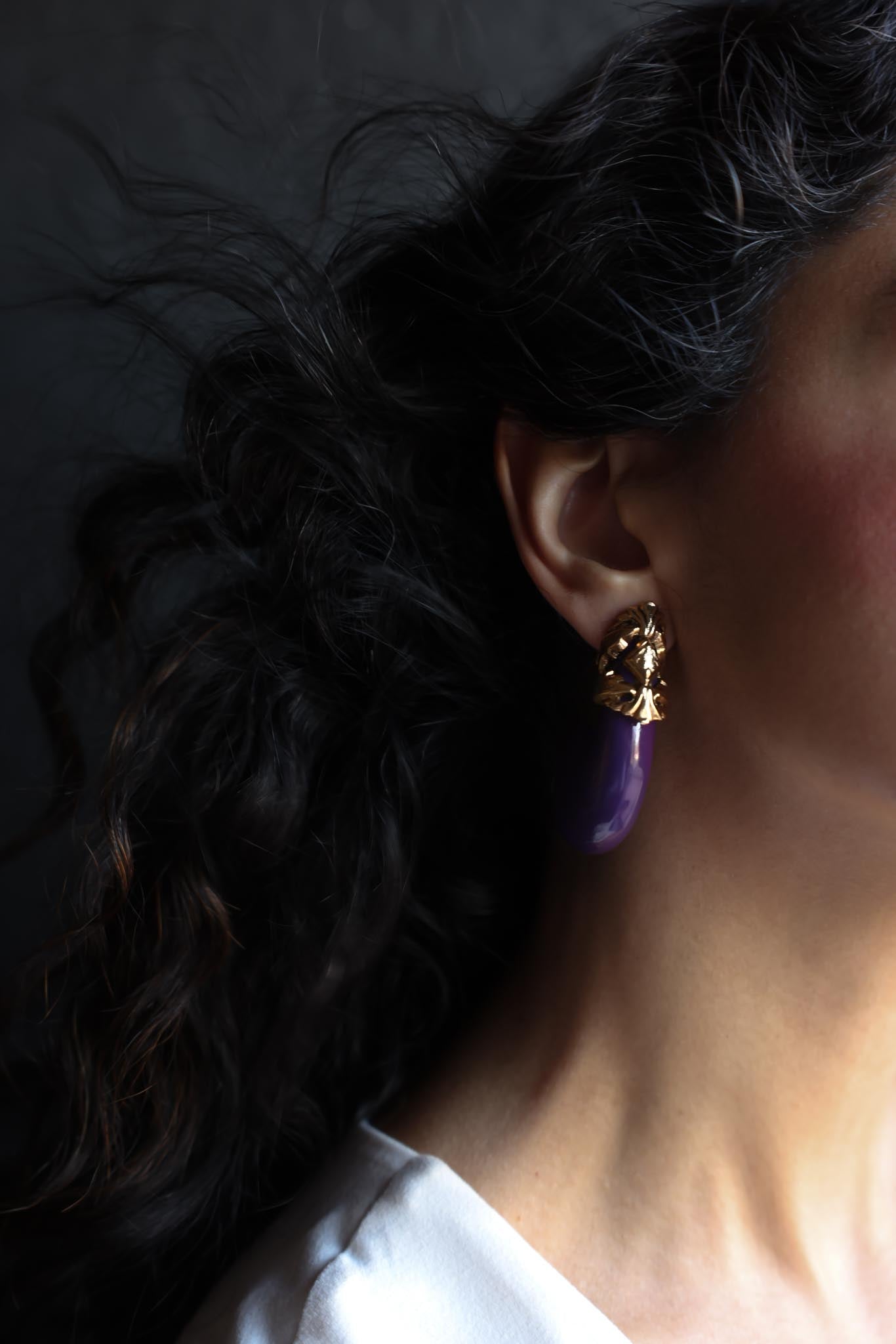 Purple & Gold Sculptural Clip-On Earrings (1980s)|Vintage Baazaar 
