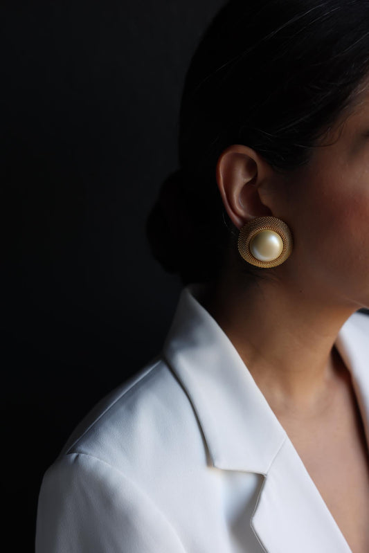 Gold Mesh Clip-On Earrings with Faux Pearl Center|Vintage Baazaar 