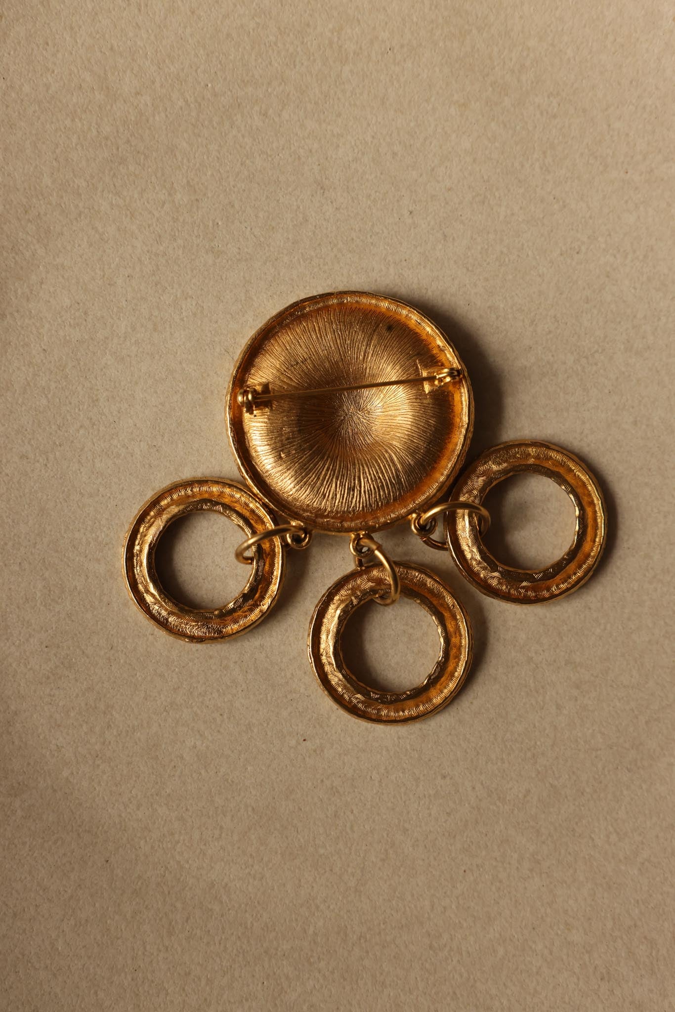 Gold-Tone Dangle Brooch with Textured Rings|Vintage Baazaar 