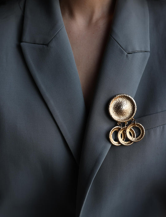 Gold-Tone Dangle Brooch with Textured Rings|Vintage Baazaar 