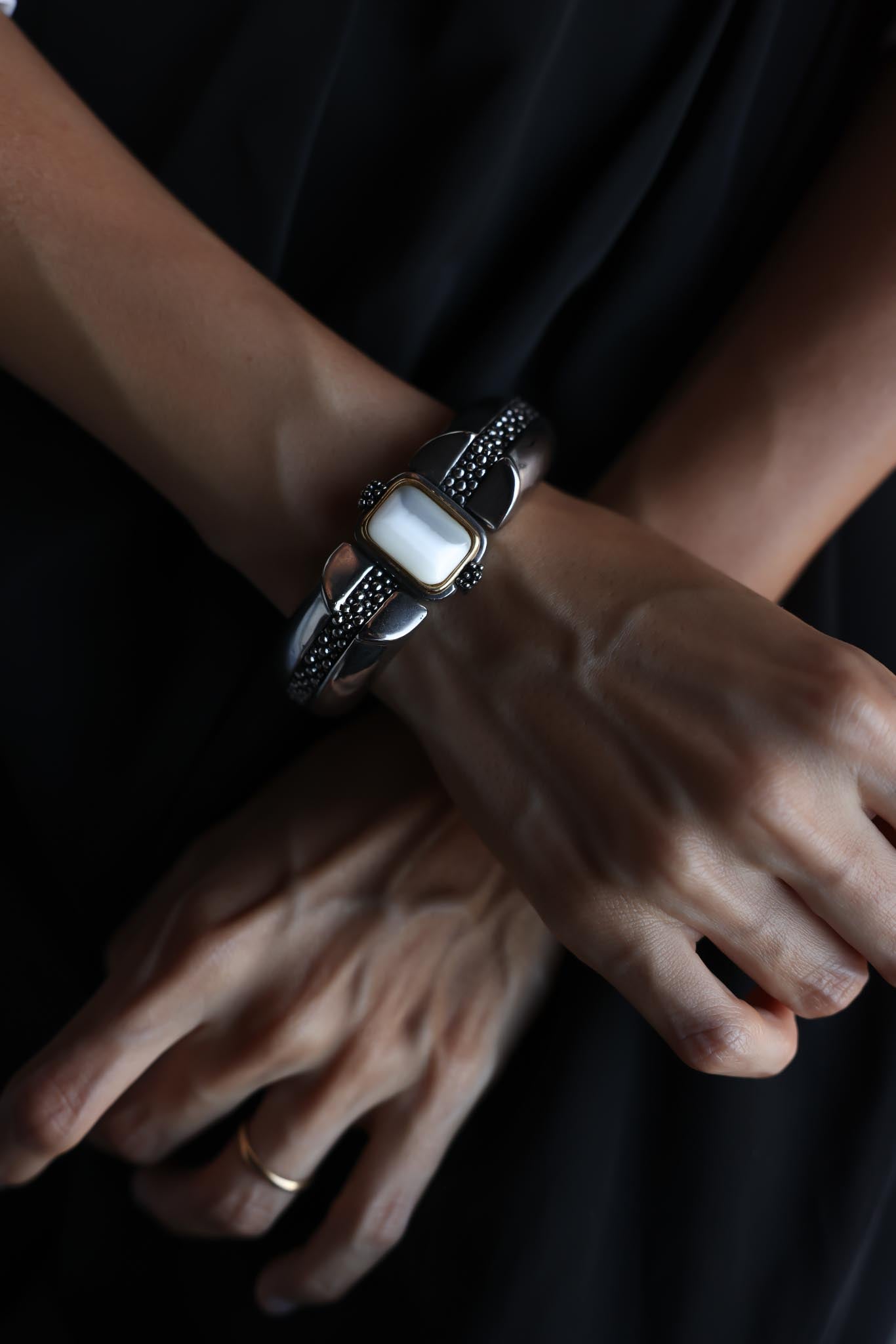 Hinged Bangle Bracelet with White Glass Cabochon|Vintage Baazaar 
