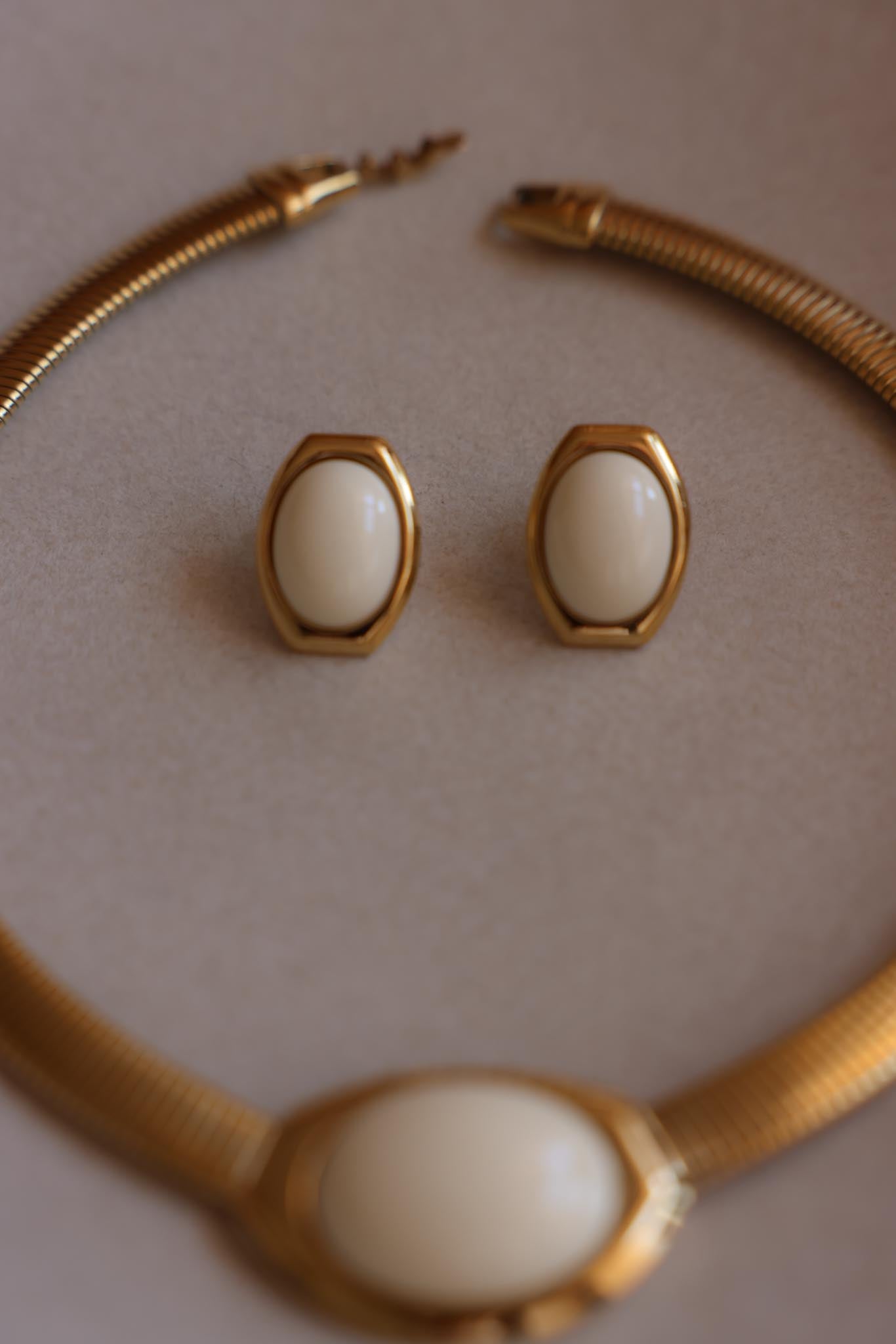 Sculptural Hinged Bangle with White Cabochon and Granulated Detail|Vintage Baazaar 