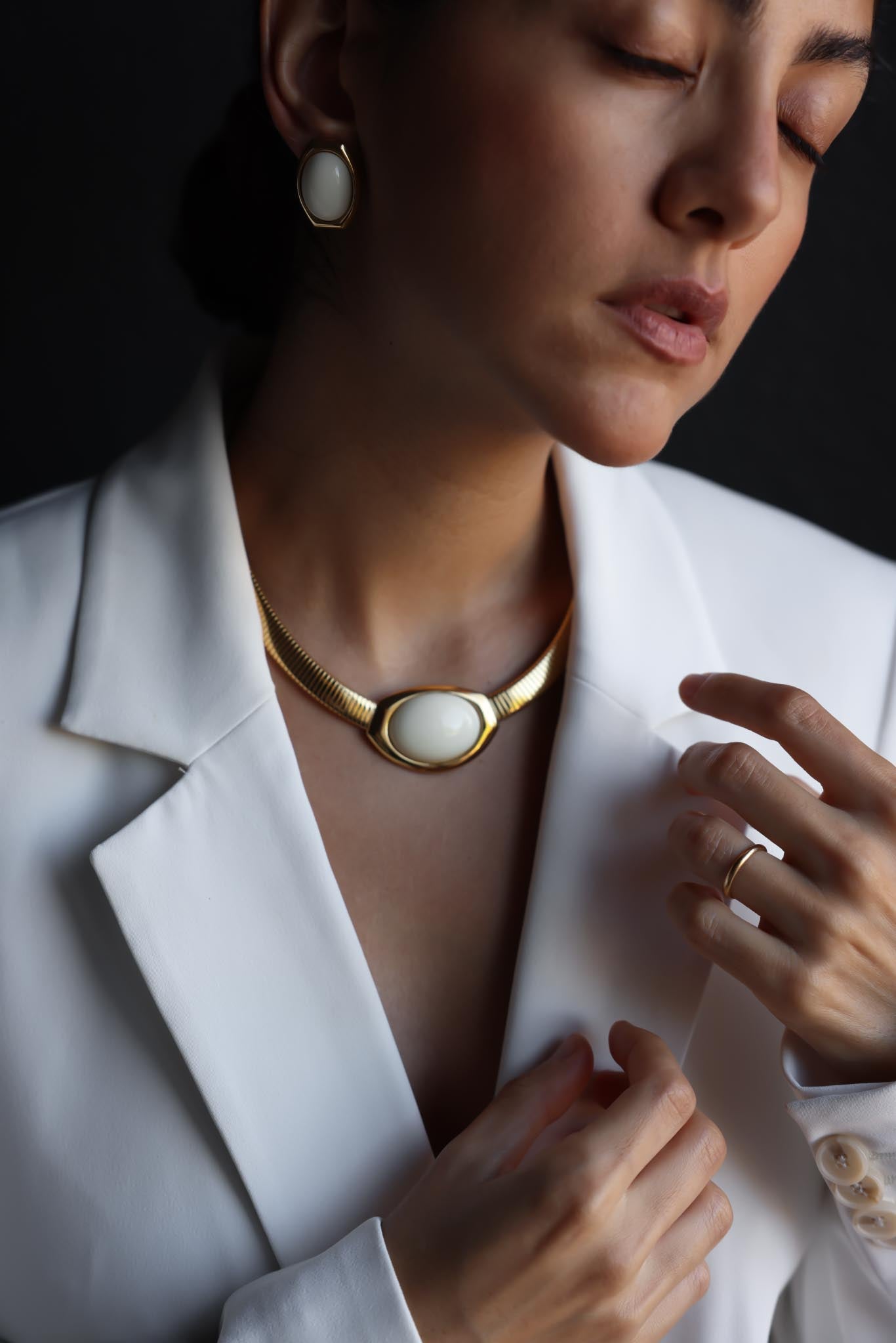 Sculptural Hinged Bangle with White Cabochon and Granulated Detail|Vintage Baazaar 