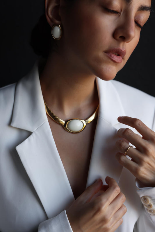 Sculptural Hinged Bangle with White Cabochon and Granulated Detail|Vintage Baazaar 