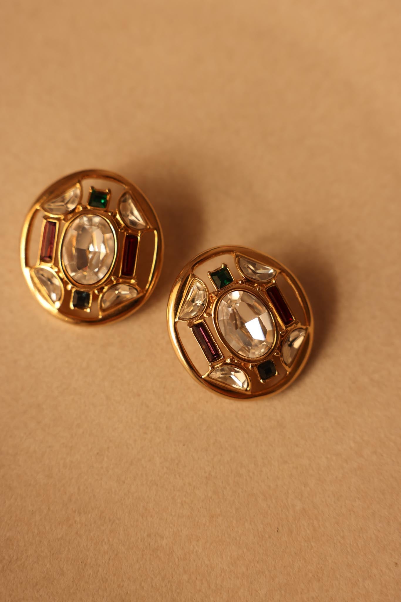 Jewel-Tone Medallion Clip-On Earrings|Vintage Baazaar 