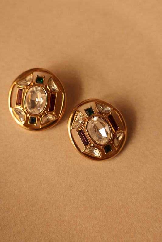 Jewel-Tone Medallion Clip-On Earrings|Vintage Baazaar 
