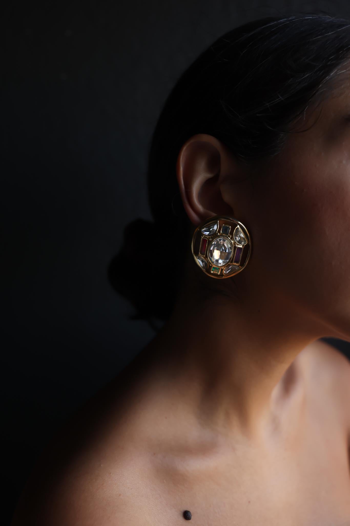 Jewel-Tone Medallion Clip-On Earrings|Vintage Baazaar 