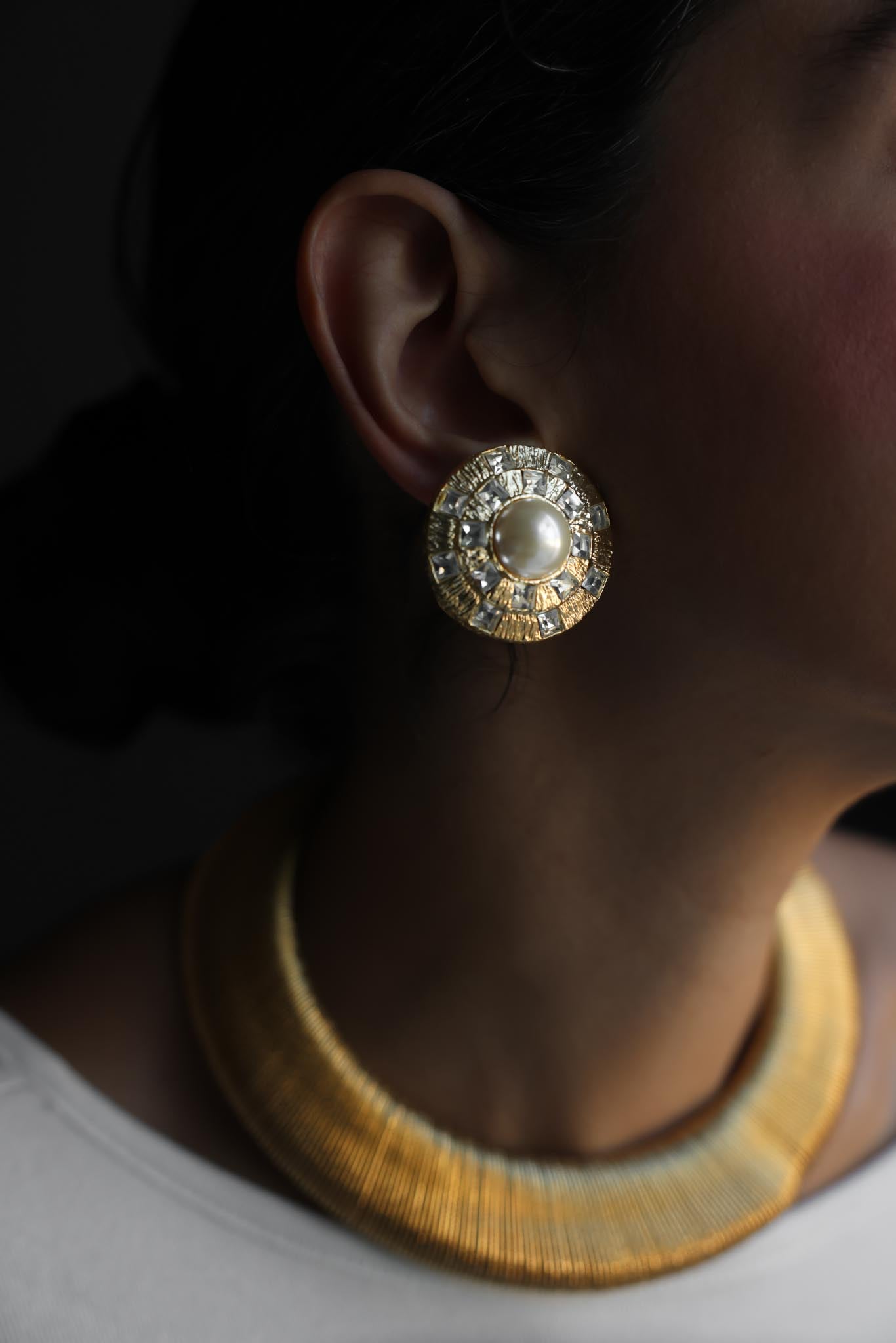 Faux Pearl & Rhinestone Round Clip-On Earrings