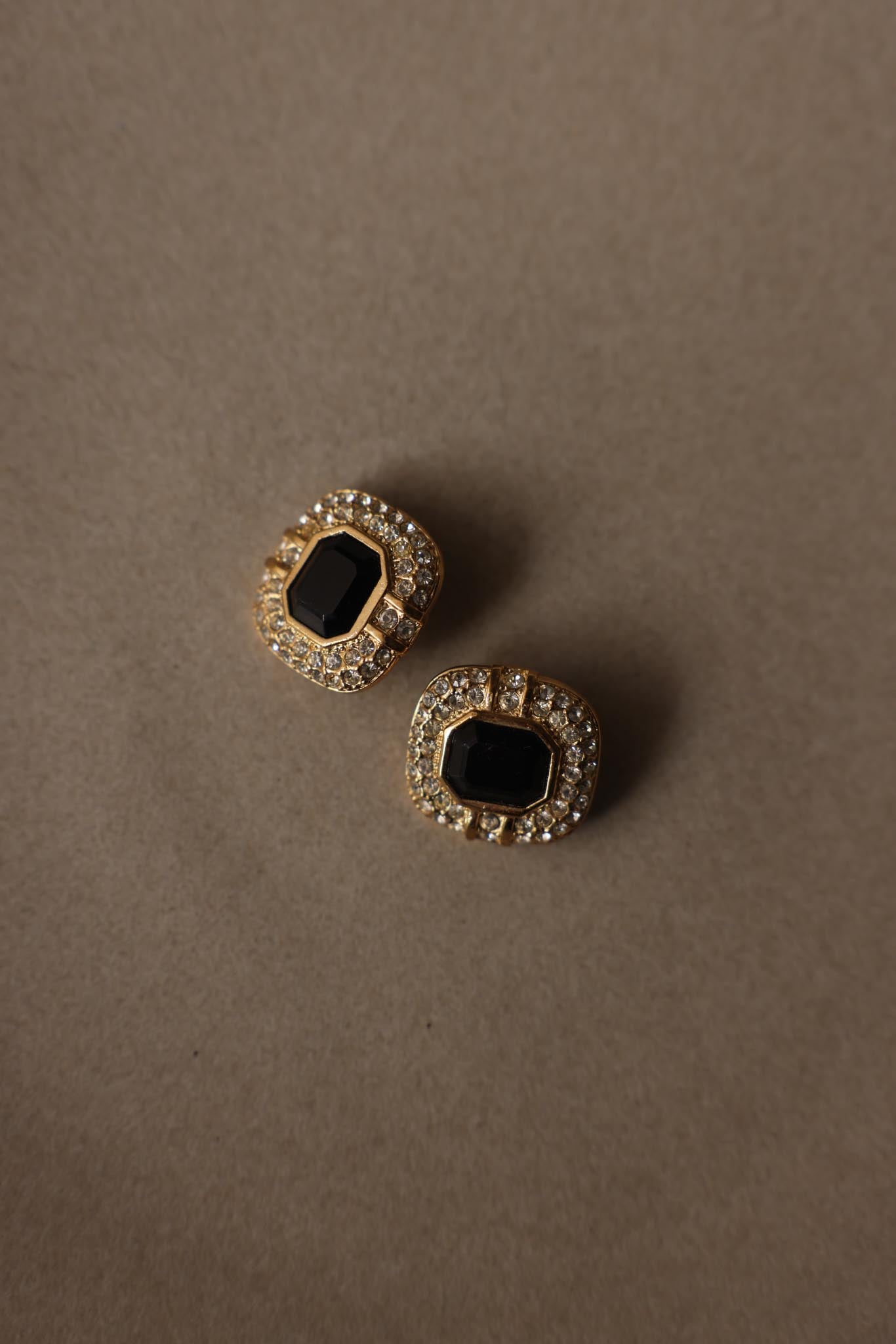 Roman Black Glass & Rhinestone Clip-On Earrings