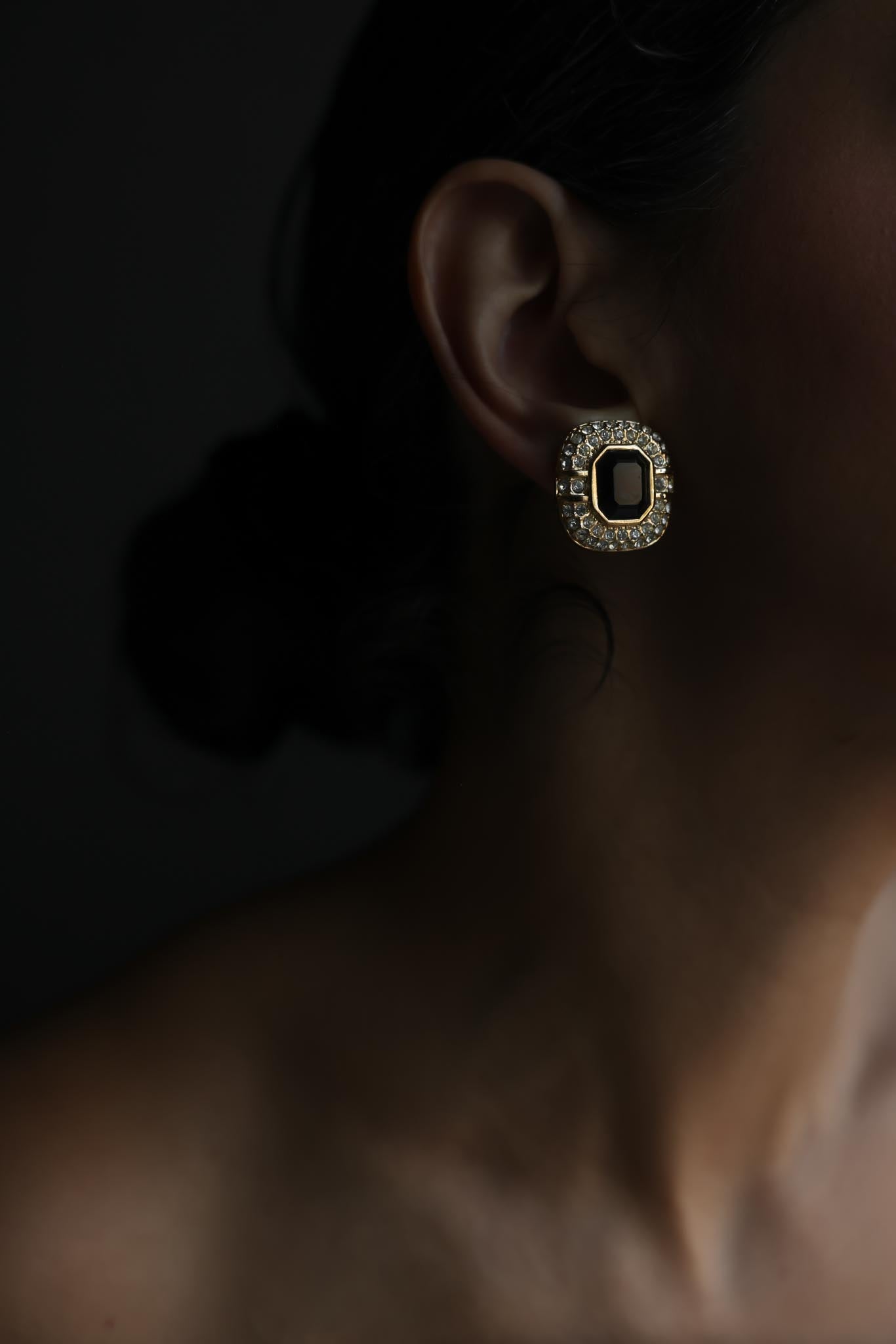 Roman Black Glass & Rhinestone Clip-On Earrings
