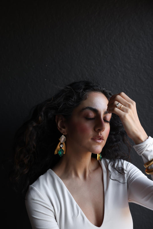 Gold-Plated  Emerald Glow Earrings|Vintage Baazaar 