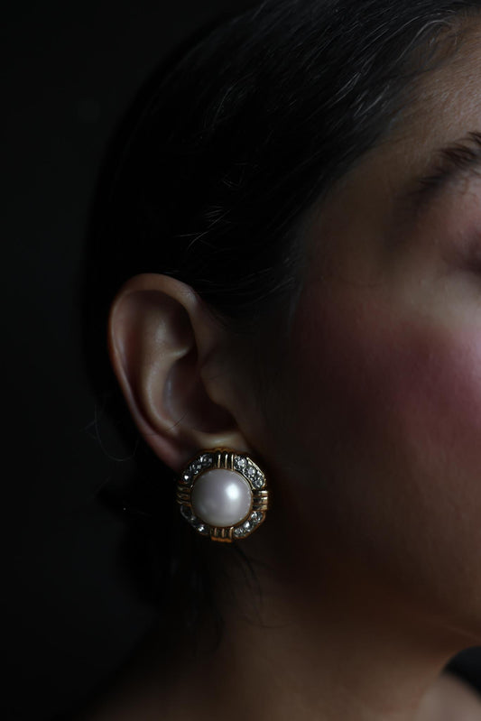 Gold-Tone Clip-On Earrings with Faux Pearls and Rhinestones|Vintage Baazaar 