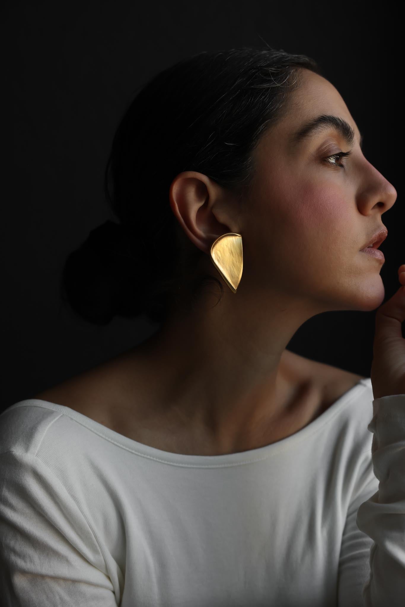 Sculptural Gold Shield Clip-On Earrings