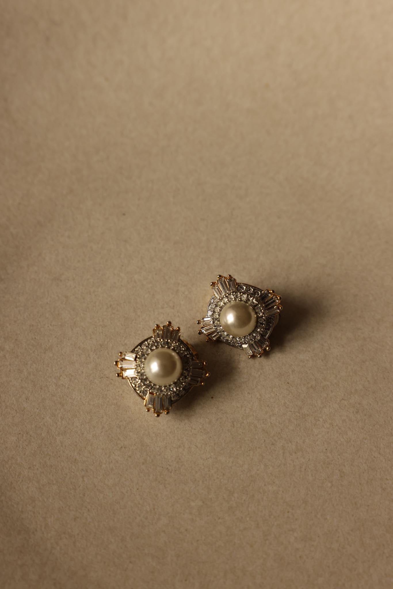 Faux  Pearl and Rhinestone Clip-On Earrings|Vintage Baazaar 
