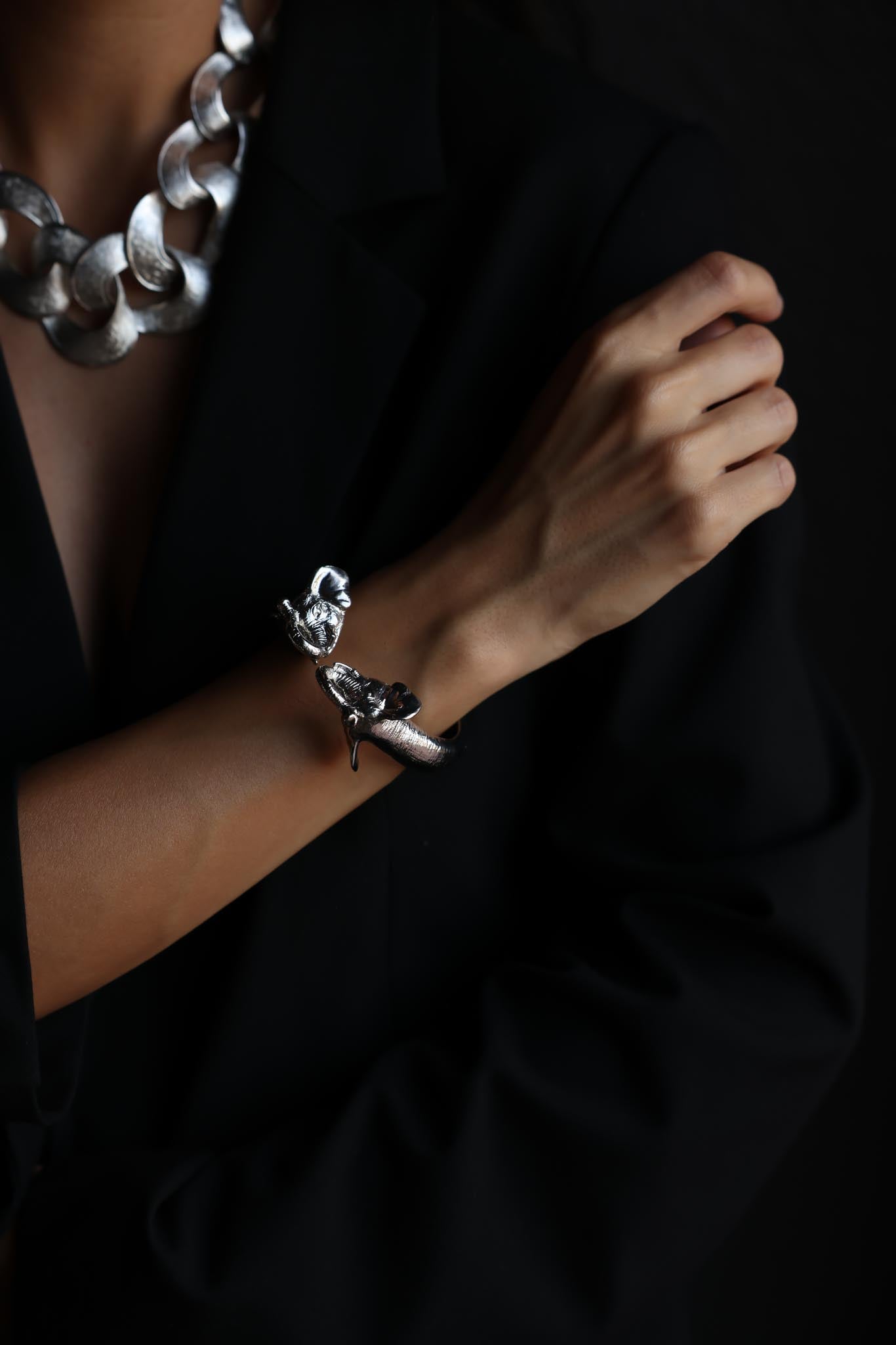 Silver-Tone Hinged Elephant Bracelet|Vintage Baazaar 
