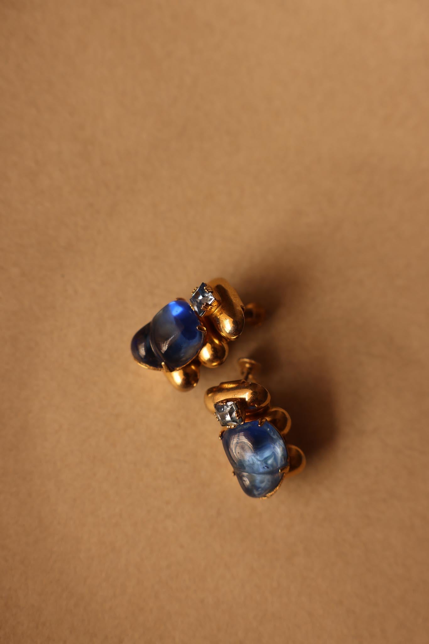 Gold-Toned Screw-Back Earrings with Blue Glass Cabochons|Vintage Baazaar 
