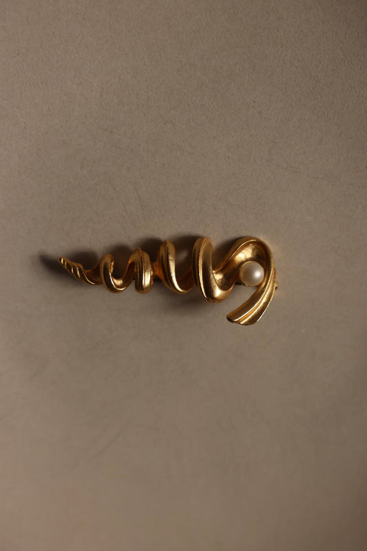 Matte Gold Spiral Brooch with Faux Pearl