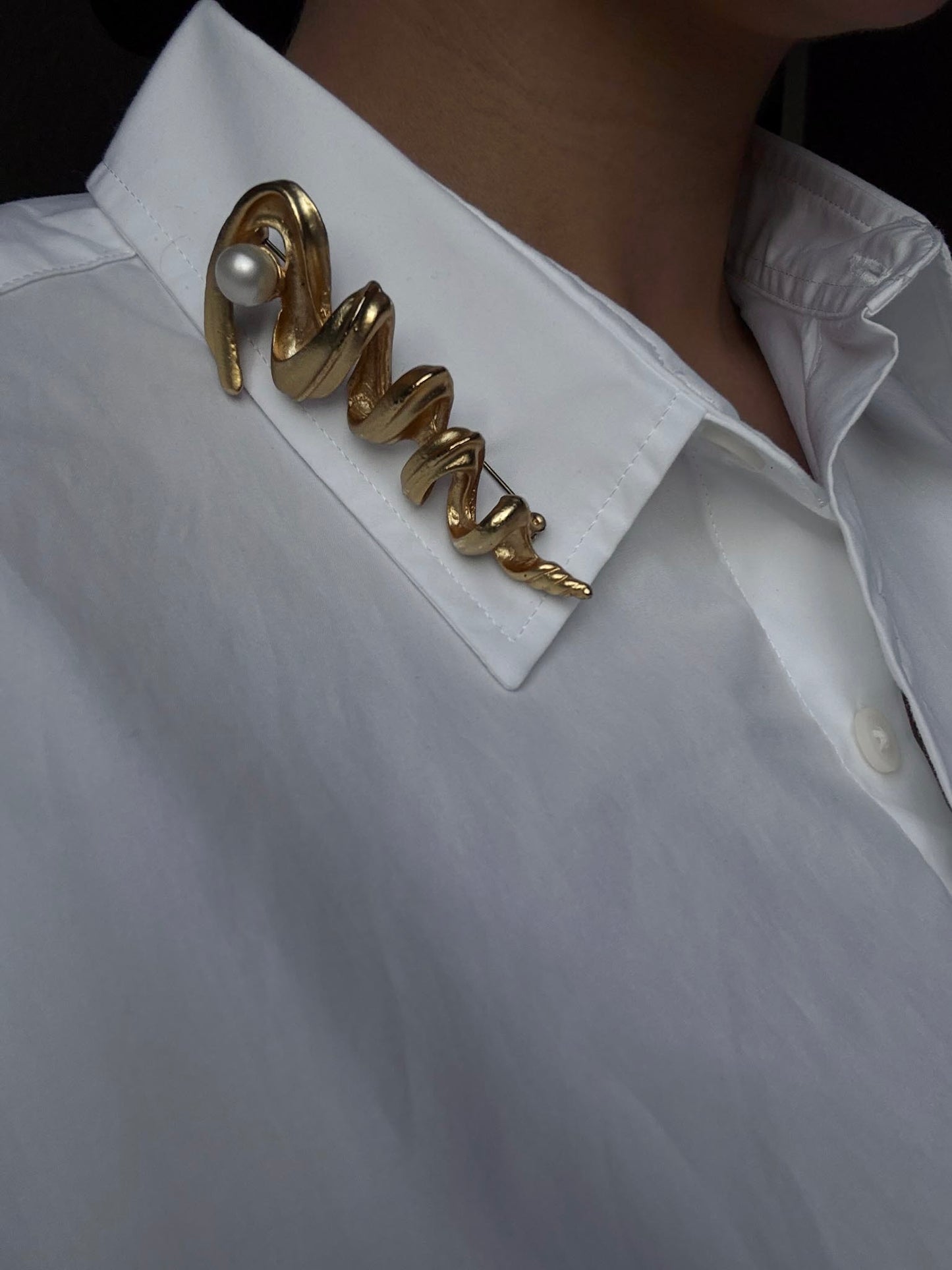 Matte Gold Spiral Brooch with Faux Pearl