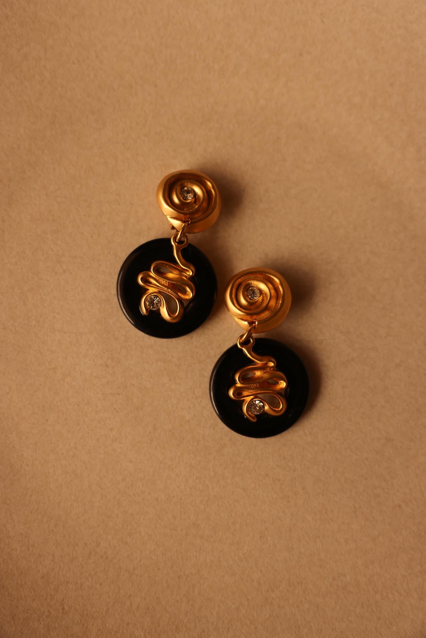 N.J. Black and Gold Clip-On Earrings with Rhinestones|Vintage Baazaar 