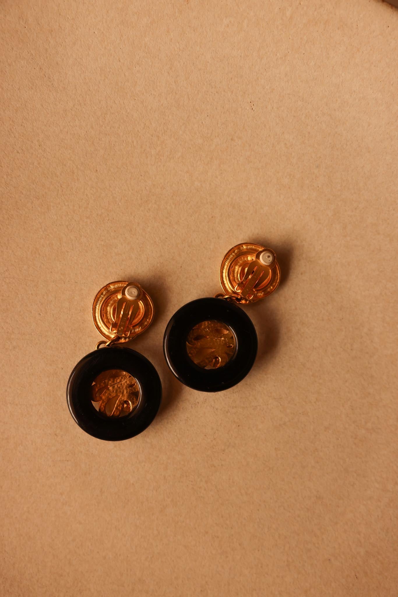 N.J. Black and Gold Clip-On Earrings with Rhinestones|Vintage Baazaar 