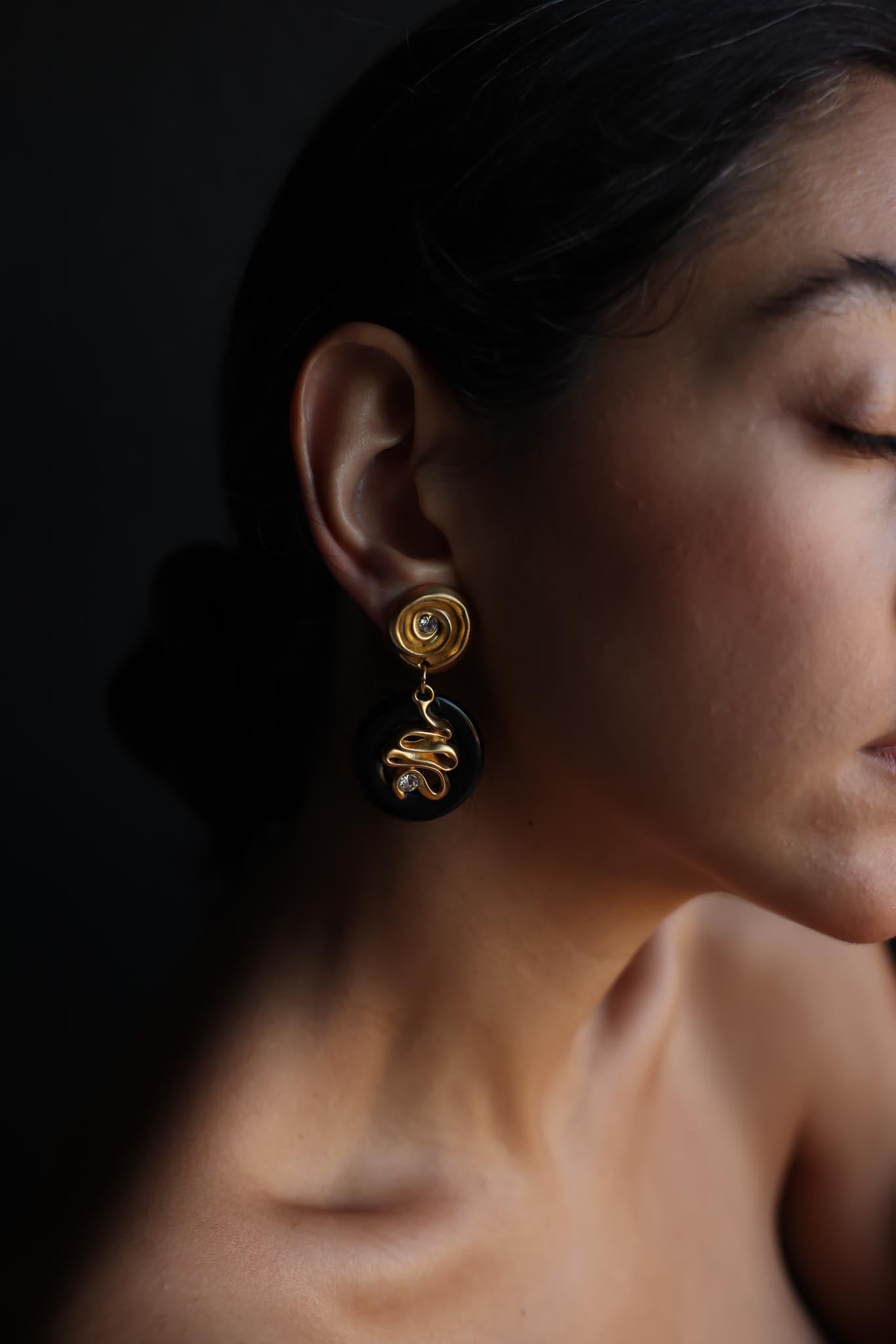 N.J. Black and Gold Clip-On Earrings with Rhinestones|Vintage Baazaar 