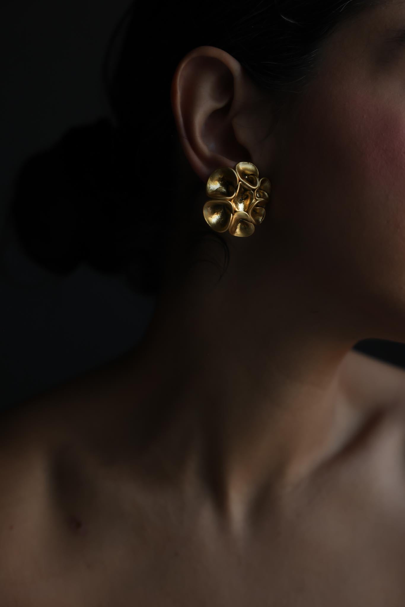 Sculptural Gold Flower Clip-On Earrings