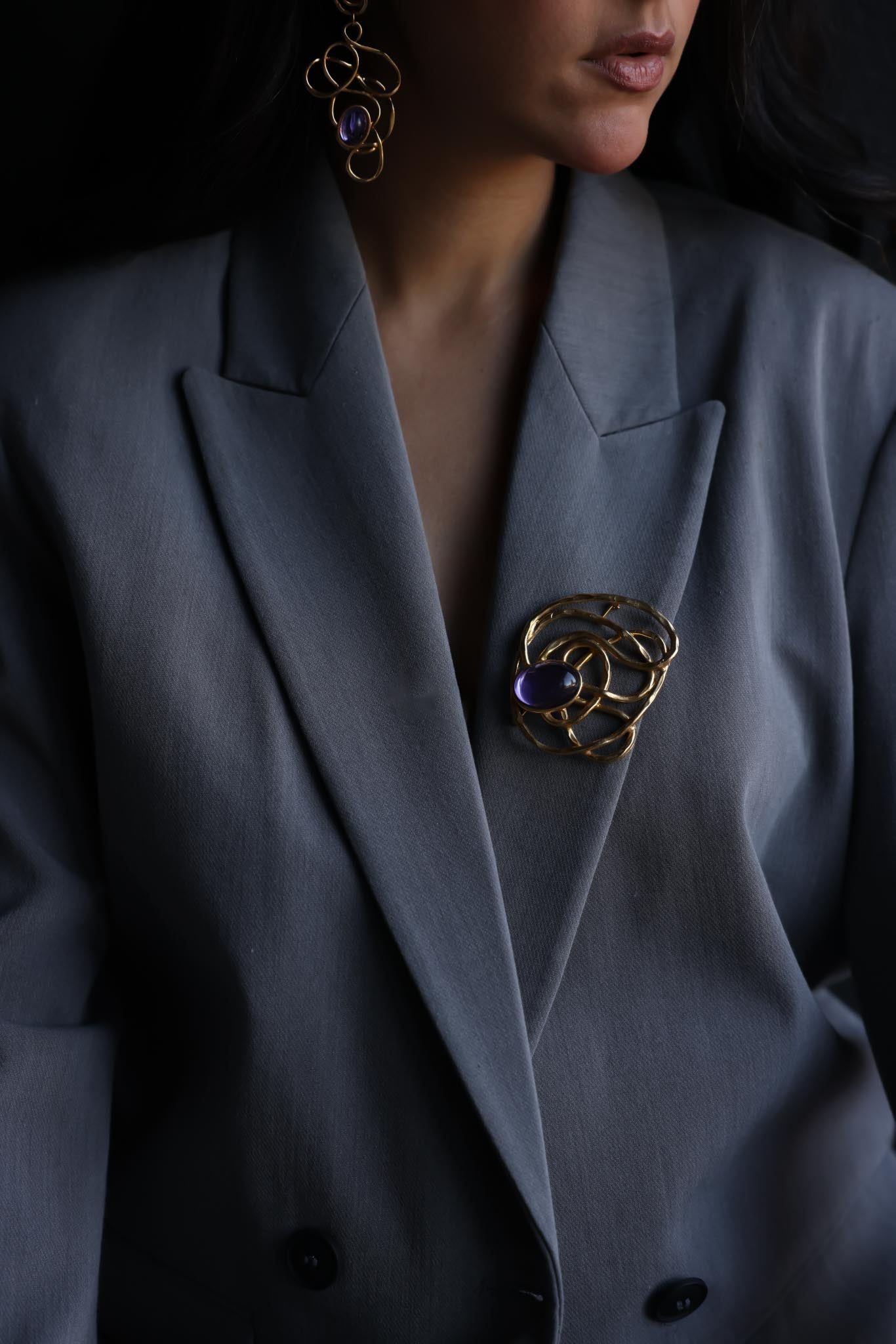 Gold-Tone Abstract Set with Purple Cabochons Avon|Vintage Baazaar 