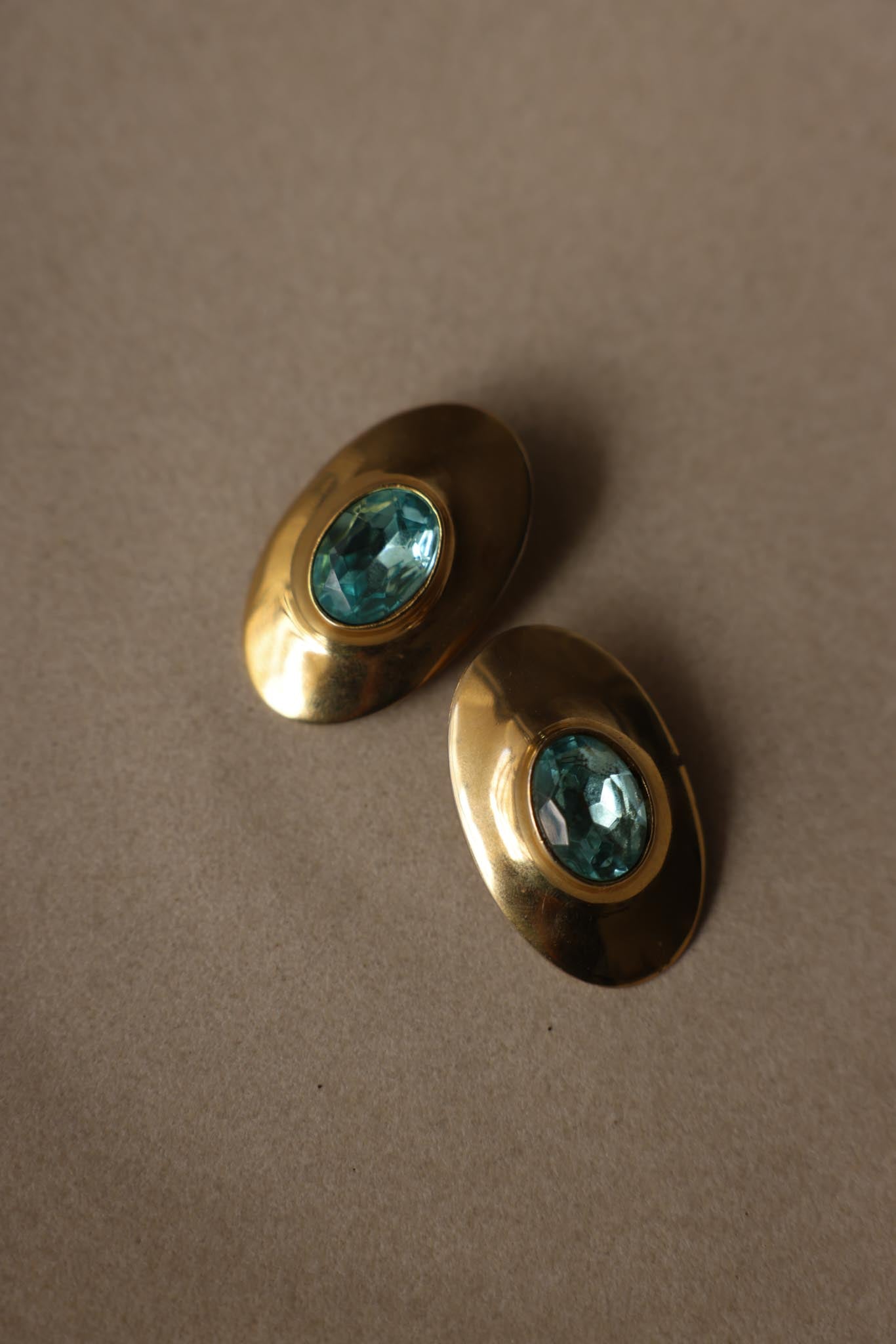 Gold Tone Blue Glass Oval Clip-On Earrings