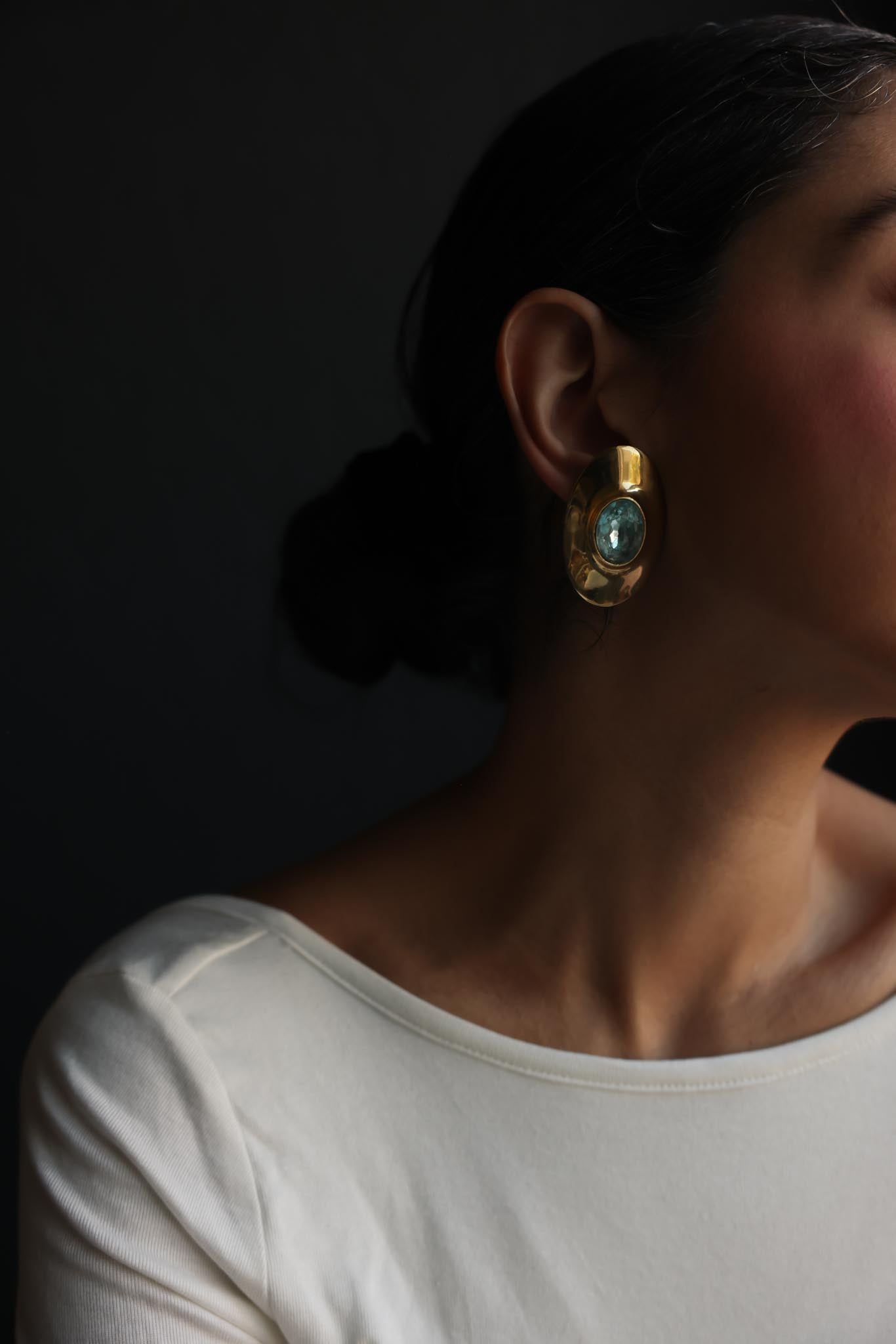 Gold Tone Blue Glass Oval Clip-On Earrings