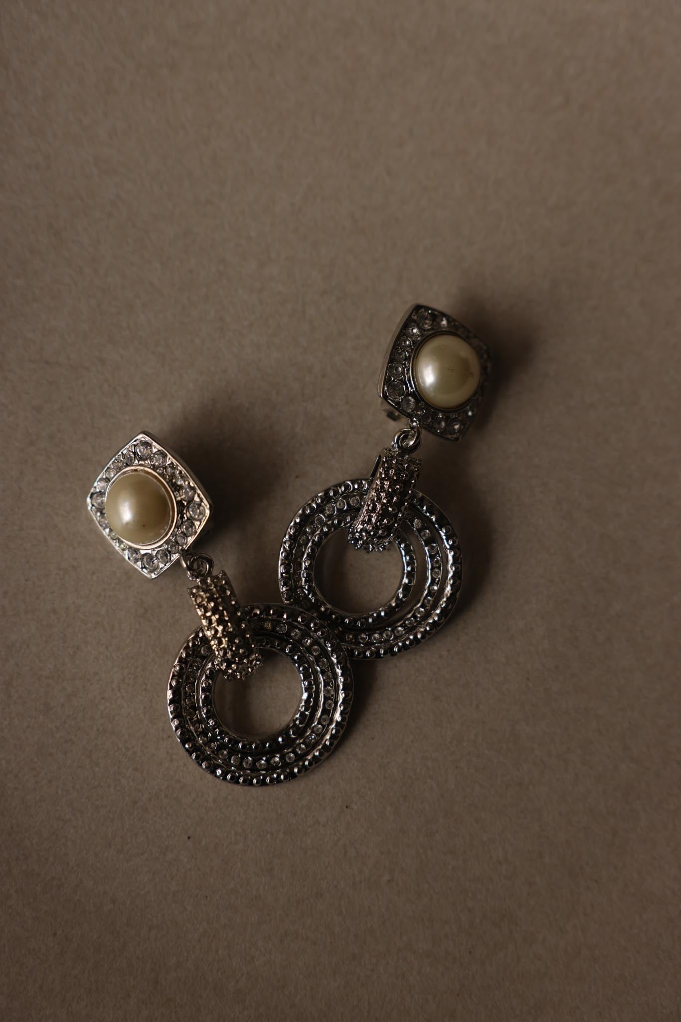 Silvertone Faux Pearl & Rhinestone Drop Clip-On Earrings