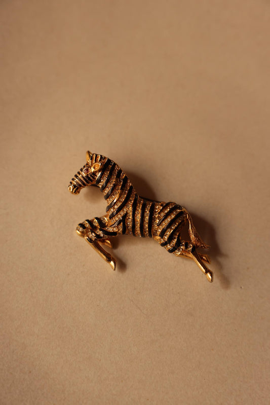 Zebra Brooch with Black Enamel and Rhinestones|Vintage Baazaar 