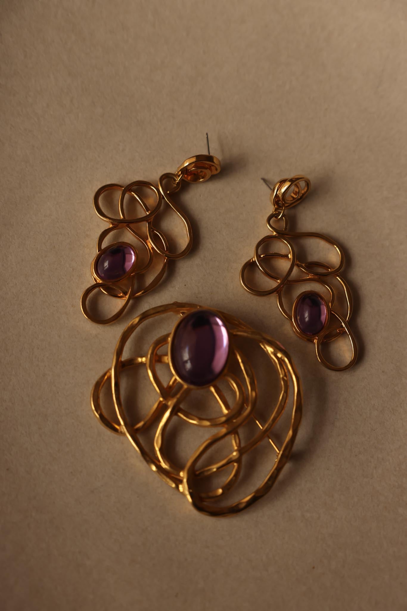 Gold-Tone Abstract Set with Purple Cabochons Avon|Vintage Baazaar 
