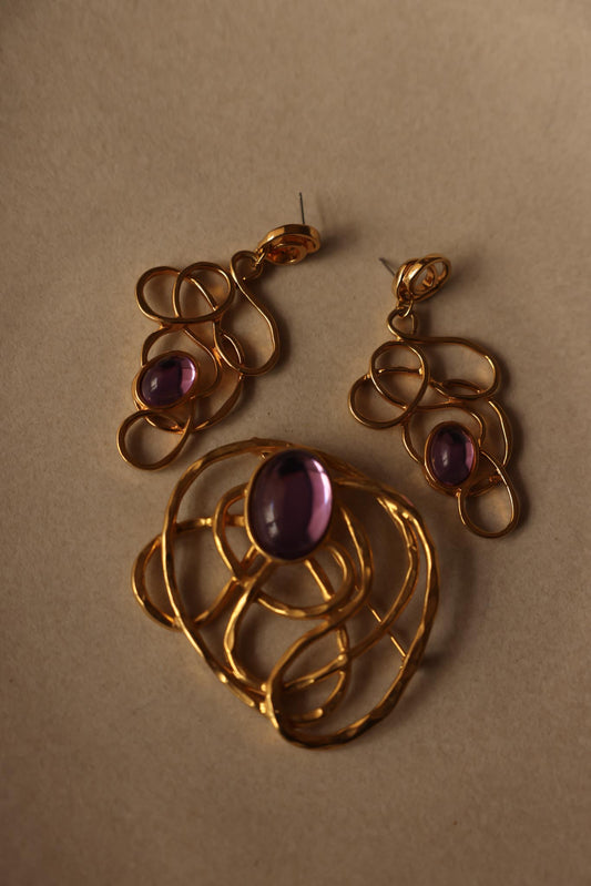 Gold-Tone Abstract Set with Purple Cabochons Avon|Vintage Baazaar 