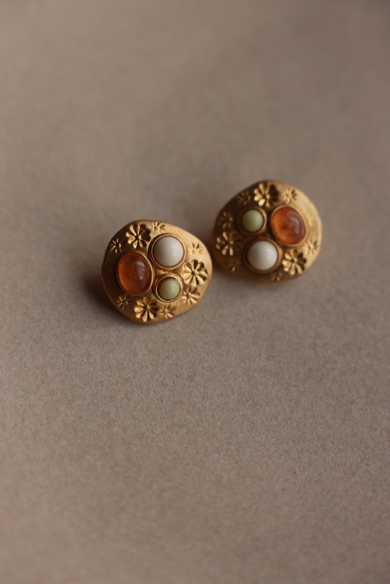 Matte Gold Clip-On Earrings with Floral Detail and Cabochon Accents|Vintage Baazaar 