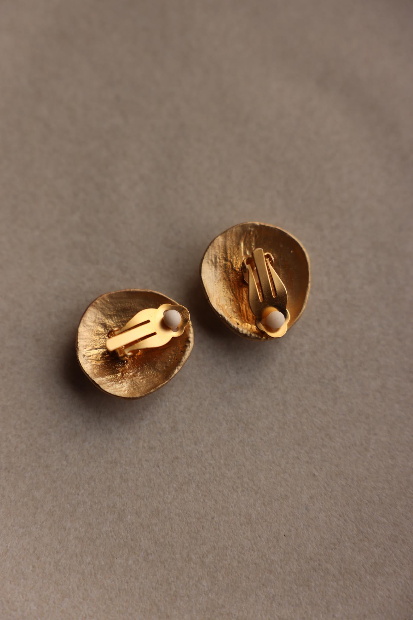 Matte Gold Clip-On Earrings with Floral Detail and Cabochon Accents|Vintage Baazaar 