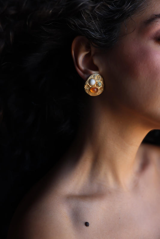 Matte Gold Clip-On Earrings with Floral Detail and Cabochon Accents|Vintage Baazaar 