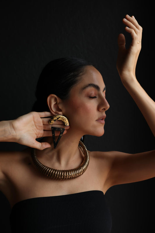 Geometric Black and Gold Pierced Earrings|Vintage Baazaar 