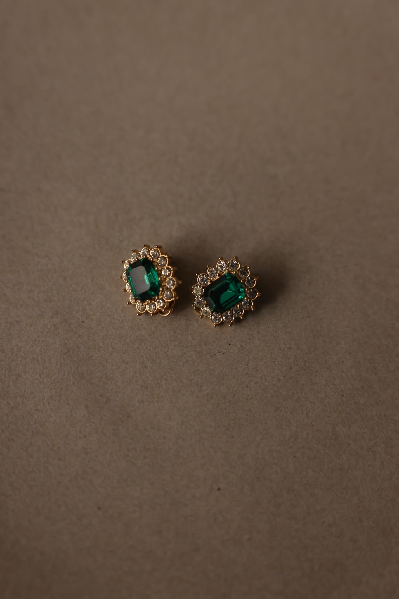 Green Glass Rhinestone Clip-On Earrings