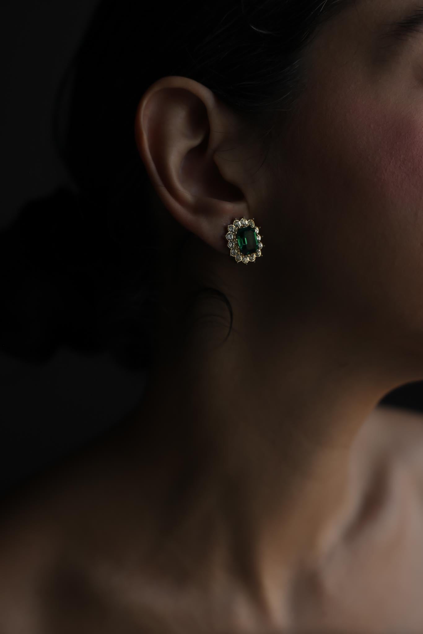 Green Glass Rhinestone Clip-On Earrings