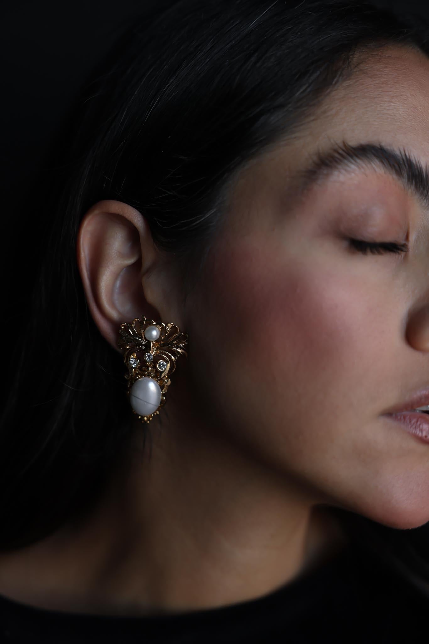 Gold-Tone Clip-On Earrings with Faux Pearls and Rhinestones|Vintage Baazaar 