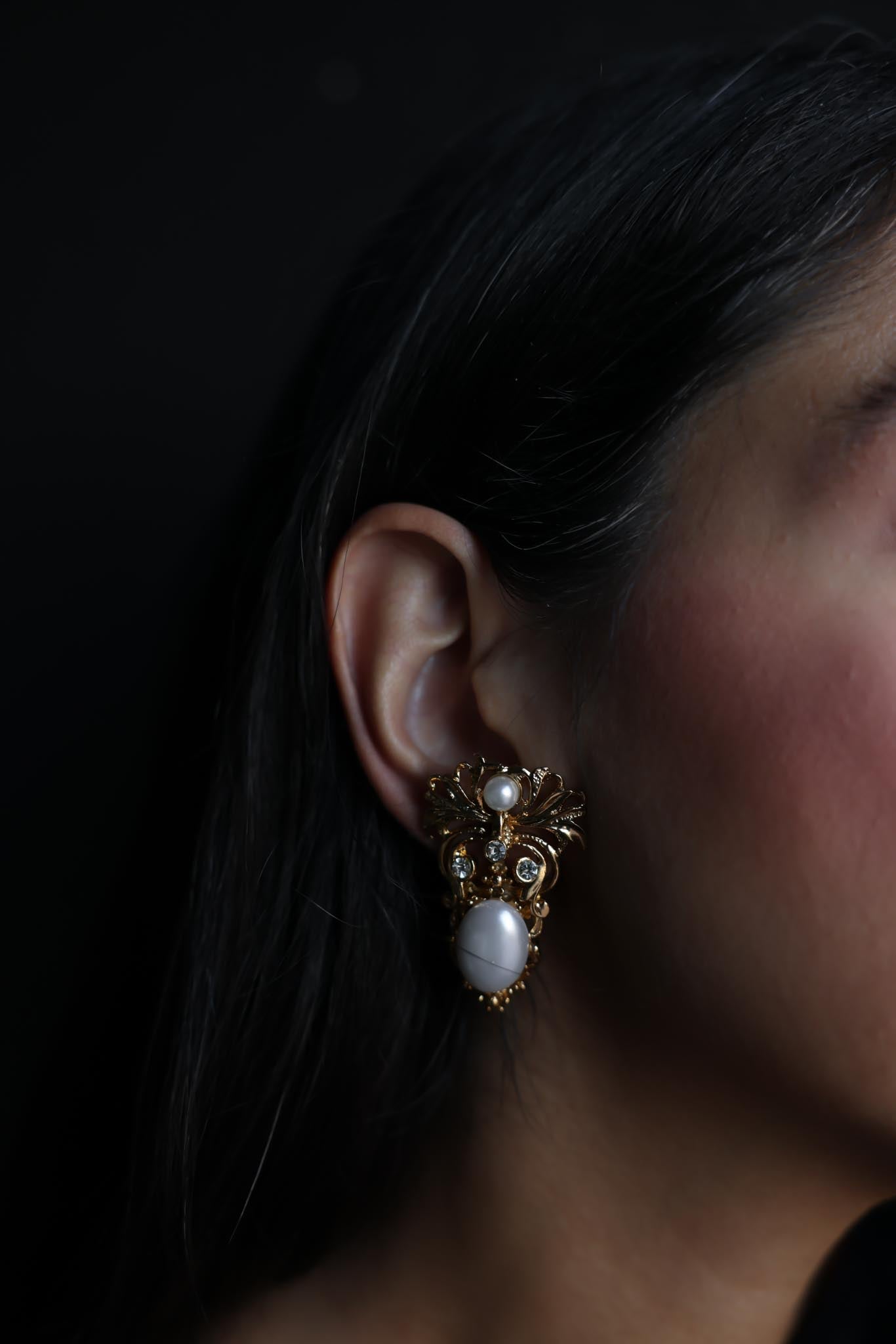 Gold-Tone Clip-On Earrings with Faux Pearls and Rhinestones|Vintage Baazaar 