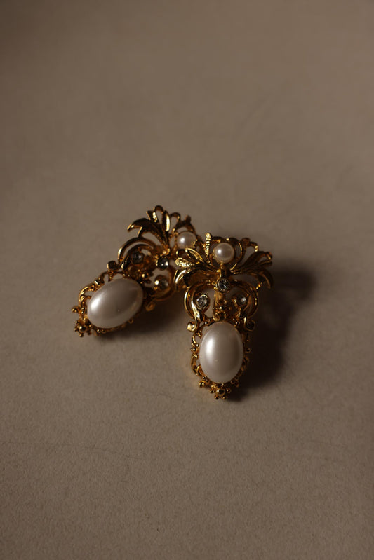 Gold-Tone Clip-On Earrings with Faux Pearls and Rhinestones|Vintage Baazaar 