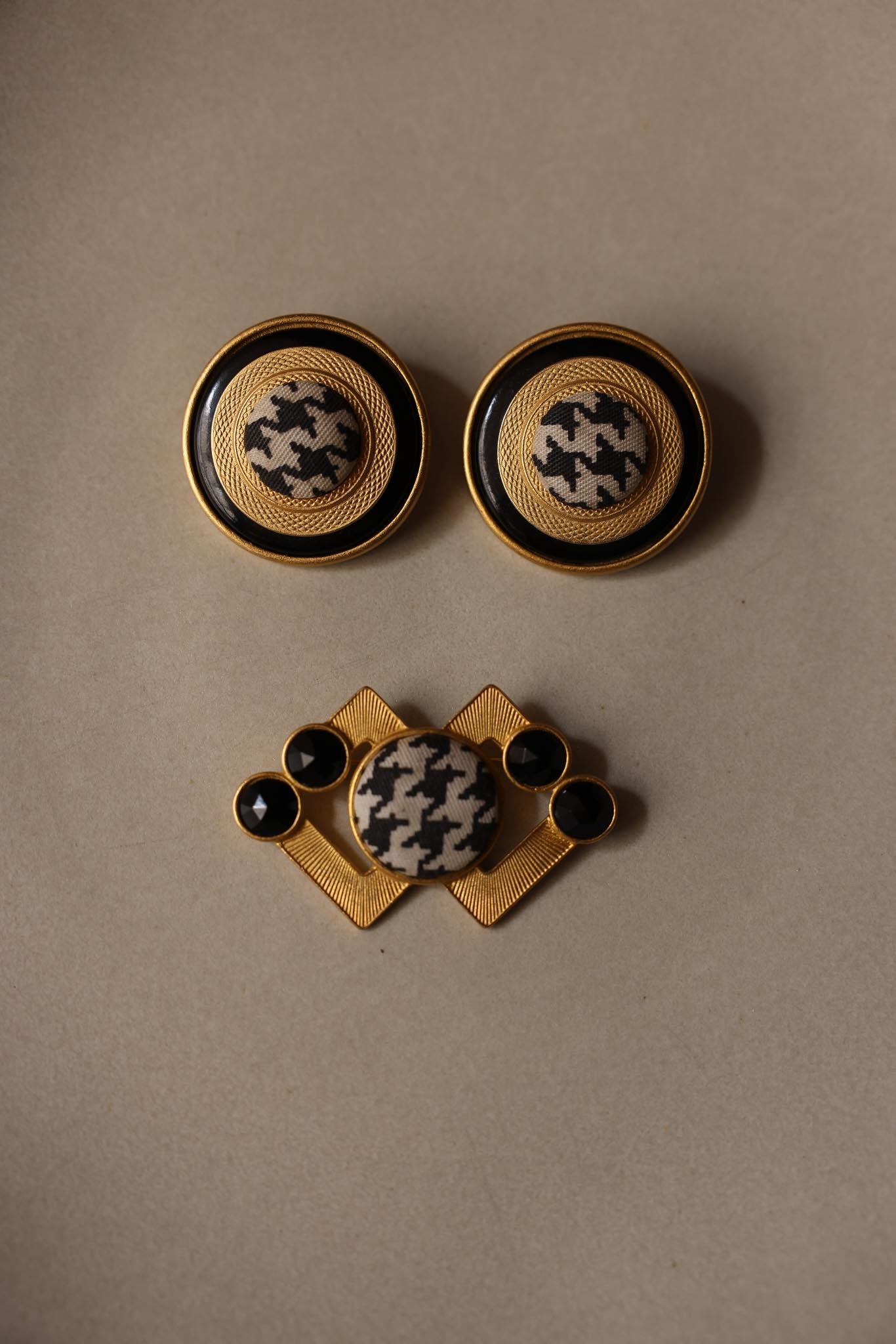 Houndstooth Fabric Brooch and Earring Set|Vintage Baazaar 