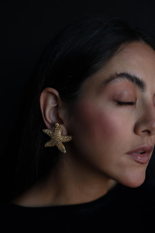 Gold-Tone Starfish Clip-On Earrings with Rhinestones|Vintage Baazaar 