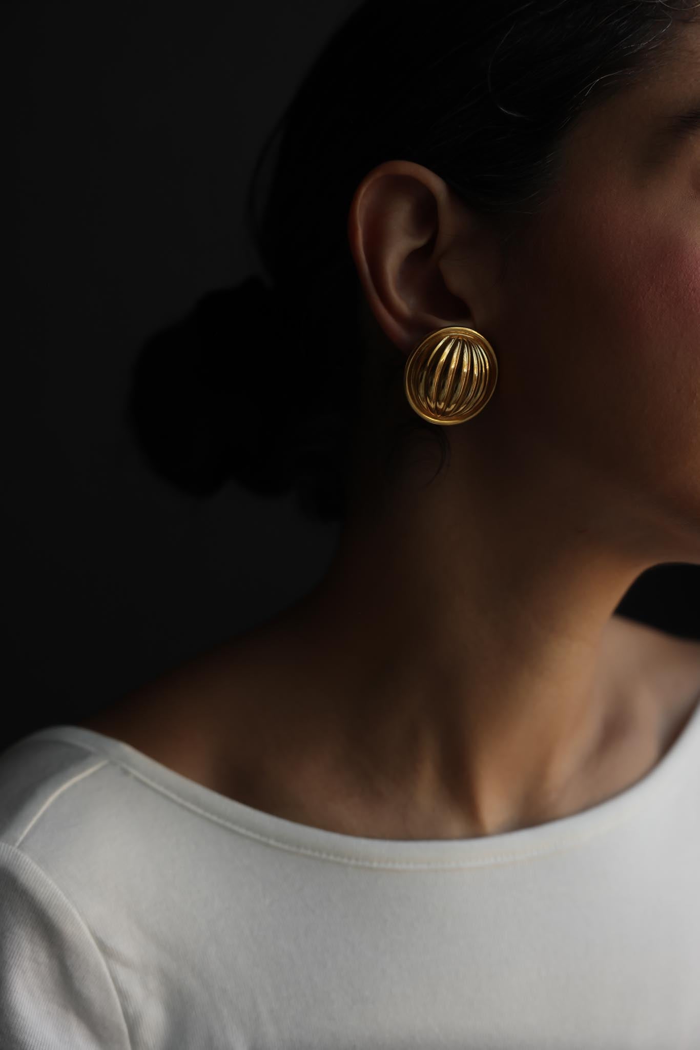 Gold Tone Ribbed Round Clip-On Earrings
