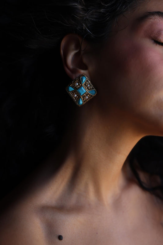 Gold-Plated Turquoise and Pearl Clip-On Earrings|Vintage Baazaar 