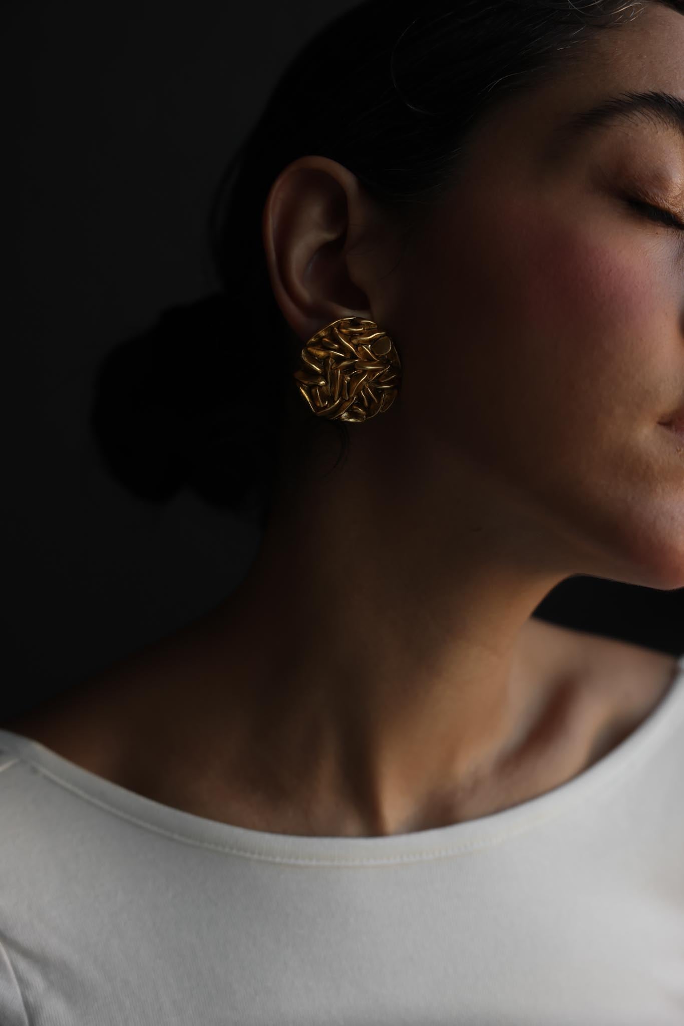 Textured Gold Tone Round Clip-On Earrings