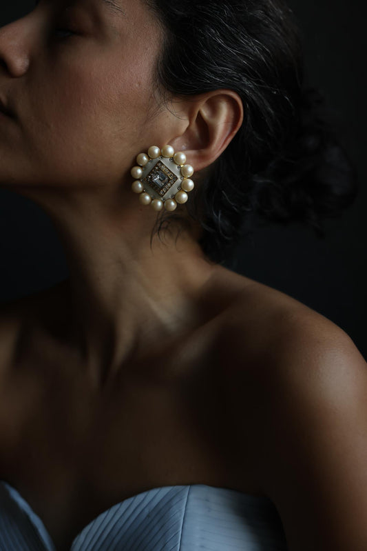 Pearl & White Enamel Statement Clip-On Earrings